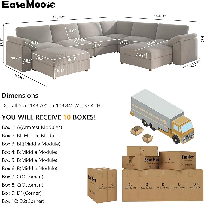 EASE MOOSE Oversized Sectional Modular Sofa,Large U Shape Sectional Couch Wide Deep Seat Modular Cloud Couch,Removable Cover,Light Gray