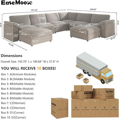 EASE MOOSE Oversized Sectional Modular Sofa,Large U Shape Sectional Couch Wide Deep Seat Modular Cloud Couch,Removable Cover,Light Gray