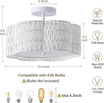 13.4" Boho Light Fixtures Flush Mount, 3-Light Rattan Ceiling Light Fixtures Flush Mount Gold for Bedroom, Flower-Shaped Close to Ceiling Light Fixture for Hallway Kitchen Dining Room(White)