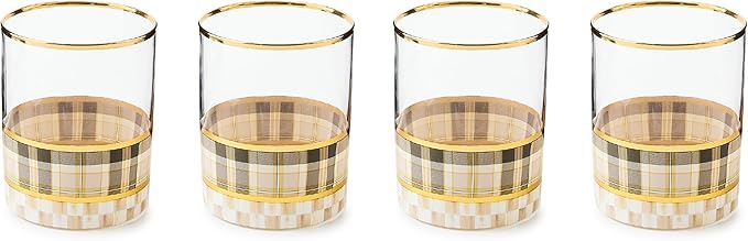 MACKENZIE-CHILDS Set of 4 Tumbler Glasses, Glass Drinkware with Gold Rims, 12 Ounces, Brown-and-White Tartan Mocha