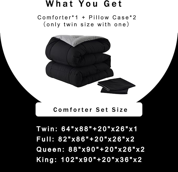 DOWNCOOL King Size Comforter Set -All Season Bedding Comforters Sets with 2 Pillow Cases -3 Pieces Bed Set Down Alternative King Bedding Set -Black/Grey King Comforter Set(102"x90")