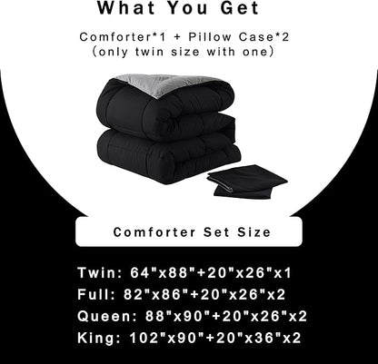 DOWNCOOL 3-Piece Queen Comforter Set - Down Alternative, Black/Grey
