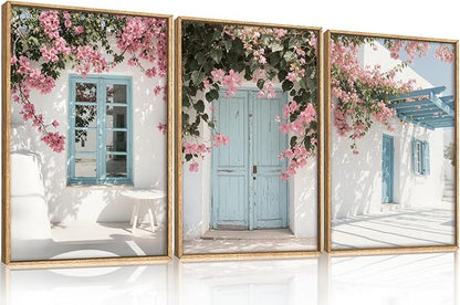 HOURIA Modern Greek Island Cityscape Framed Canvas Wall Art Set,European White House Blue Door Shutter Landscape Wall Decor,Santorini Natural Pink Flower Artwork for Living Room, Bedroom-24 x36 x3