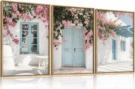 HOURIA Modern Greek Island Cityscape Framed Canvas Wall Art Set,European White House Blue Door Shutter Landscape Wall Decor,Santorini Natural Pink Flower Artwork for Living Room, Bedroom-24 x36 x3