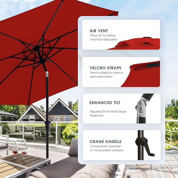 wikiwiki 11 FT Patio Umbrellas Outdoor Table Market Umbrella with Push Button Tilt/Crank,8 Sturdy Ribs, Fade Resistant Waterproof POLYESTER DTY Canopy for Garden, Lawn, Deck,Backyard & Pool,Bright Red