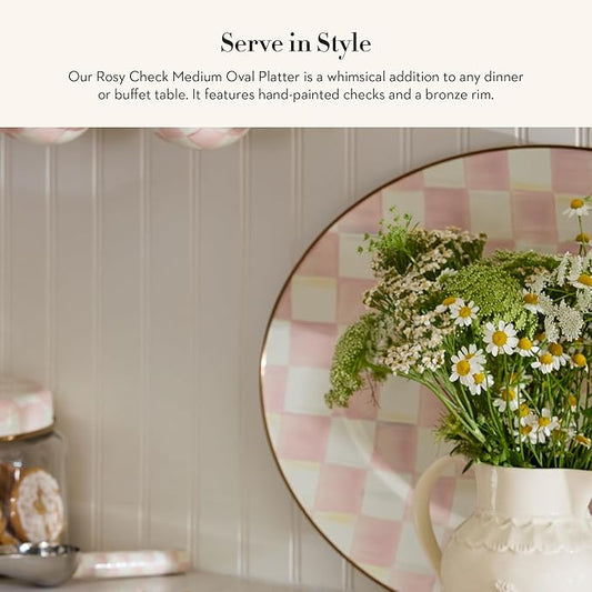 MACKENZIE-CHILDS Enamel Oval Platter, Serving Plate for Entertaining, Medium, Pink-and-White Rosy Check