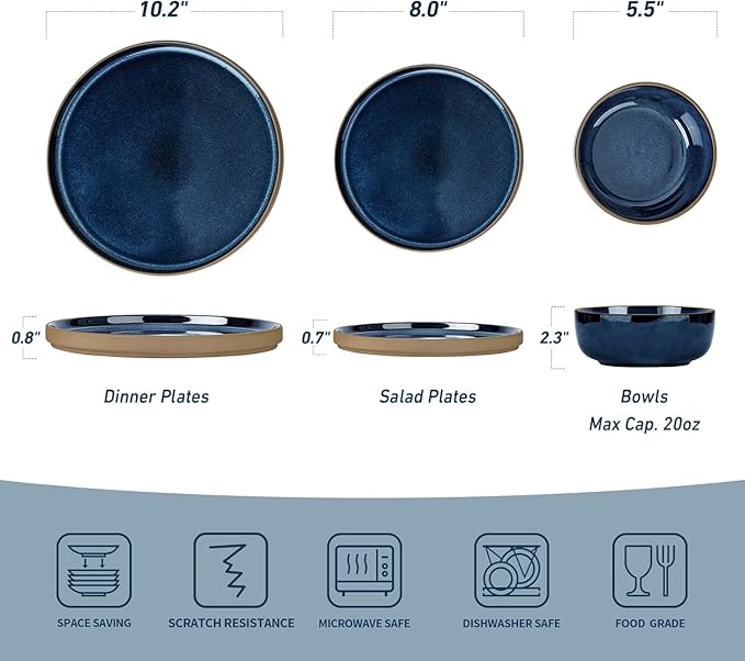 Famiware Nature Plates and Bowls Set, 18 Pieces Dinnerware Sets, Dishware Sets, Dishes Set for 6, Microwave and Dishwasher Safe, Midnight Blue