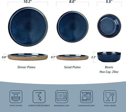 Famiware Nature Plates and Bowls Set, 18 Pieces Dinnerware Sets, Dishware Sets, Dishes Set for 6, Microwave and Dishwasher Safe, Midnight Blue