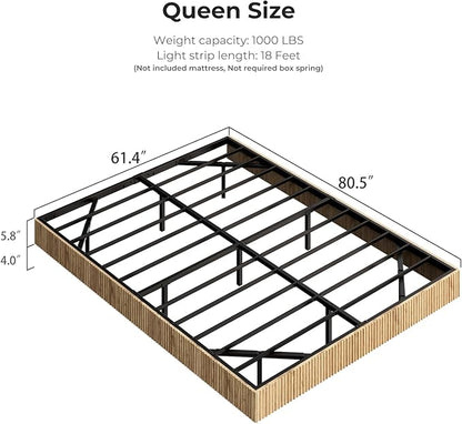 Evermagin Natural Queen Floating Bed Frame with led Lights, Bohemia Fluted Floating Platform Bed No Headboard, Heavy Duty Metal Float Bedframe, No Box Spring Needed