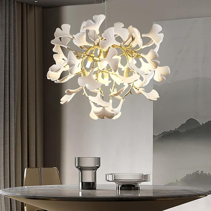 Modern 23.6'' Gold and White Ceramic Ginkgo Leaf Tree Branches Chandeliers, Dining Room Chandelier Over Table, Round Chandelier for Living Room,for Foyer, Kitchen, Bathroom, Bedroom