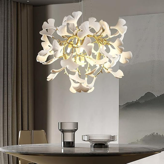 Modern 23.6'' Gold and White Ceramic Ginkgo Leaf Tree Branches Chandeliers, Dining Room Chandelier Over Table, Round Chandelier for Living Room,for Foyer, Kitchen, Bathroom, Bedroom