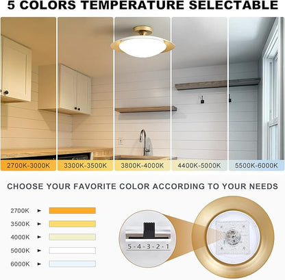 Dimmable Mid Century Modern Semi Flush Mount Ceiling Light with Acrylic Shade,White Gold LED Ceiling Light,5CCT 2700K-6000K Light Fxiture for Hallway Bedroom Kitchen Laundry Room Living Room 15.7 in