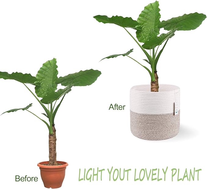 Woven Cotton Rope Plant Basket for 11 inch Flower Pot Floor Indoor Planters,Decorative Small Basket for Plants Storage Organizer Modern Home Decor (12" x 12", Khaki)