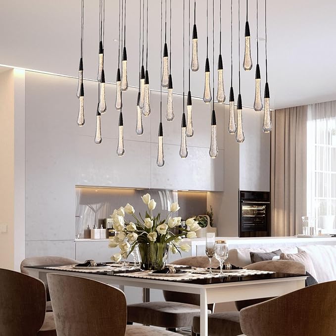 Black Rectangle Raindrop Chandelier with Glass，25-Lights Luxury Farmhouse Large Linear Chandeliers for Dining Room Over Table, Brass Pendant Ceiling Light Fixture for Kitchen Island
