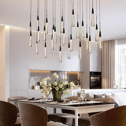 Black Rectangle Raindrop Chandelier with Glass，25-Lights Luxury Farmhouse Large Linear Chandeliers for Dining Room Over Table, Brass Pendant Ceiling Light Fixture for Kitchen Island