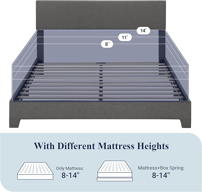 Allewie Queen Bed Frame with Adjustable Headboard, Upholstered Platform Bed with Wood Slats, Heavy Duty Mattress Foundation, No Box Spring Needed, Noise-Free, Easy Assembly, Dark Grey