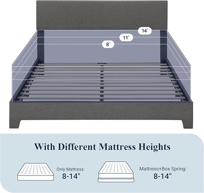Allewie Full Size Bed Frame with Adjustable Headboard, Upholstered Platform Bed with Wood Slats, Heavy Duty Mattress Foundation, No Box Spring Needed, Noise-Free, Easy Assembly, Dark Grey