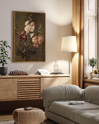 ARPEOTCY Large Framed Canvas Wall Art, Moody Hollyhocks Pictures Decor, 24x36Inch, Bathroom Kitchen Bedroom Vintage Floral Picture Decor, French Country Farmhouse Dark Art