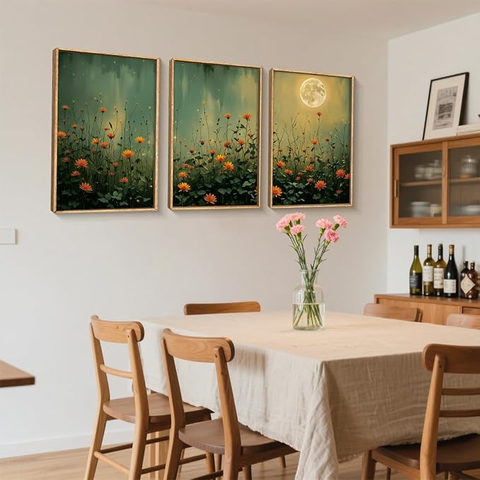 HOURIA Mystical Midnight Wildflower Framed Canvas Wall Art Set,Moonlit Orange Floral Wall Decor,Nature Inspired Landscape Artwork,Watercolor Art Prints for Living Room,Bedroom,Farmhouse-24 x36 x3