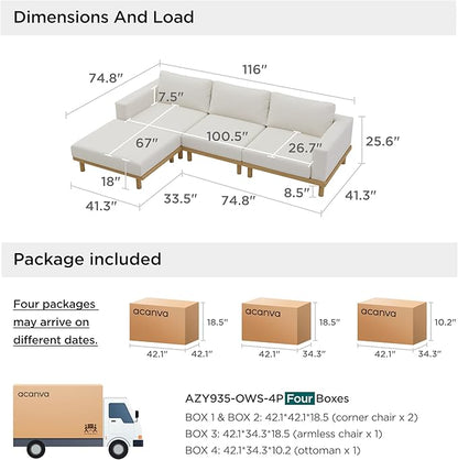 Acanva Minimalist Modular Sectional Sofa for Living Room, Wide & Deep Seat Convertible Furniture Set with Metal Frame and Movable Covers, L-Shaped Couch, Off White