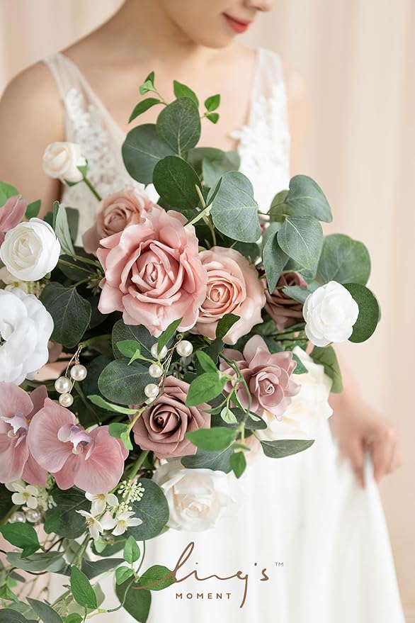 Ling's Moment Pink Bridal Bouquet for Bride, Dusty Rose Wedding Bouquets for Bride, 15 Inch Wedding Artificial Flowers