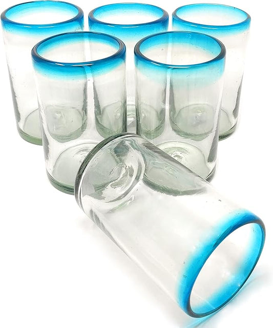 Dos Sueños Hand Blown Mexican Drinking Glasses – Set of 6 Glasses with Aqua Rims 14 oz each