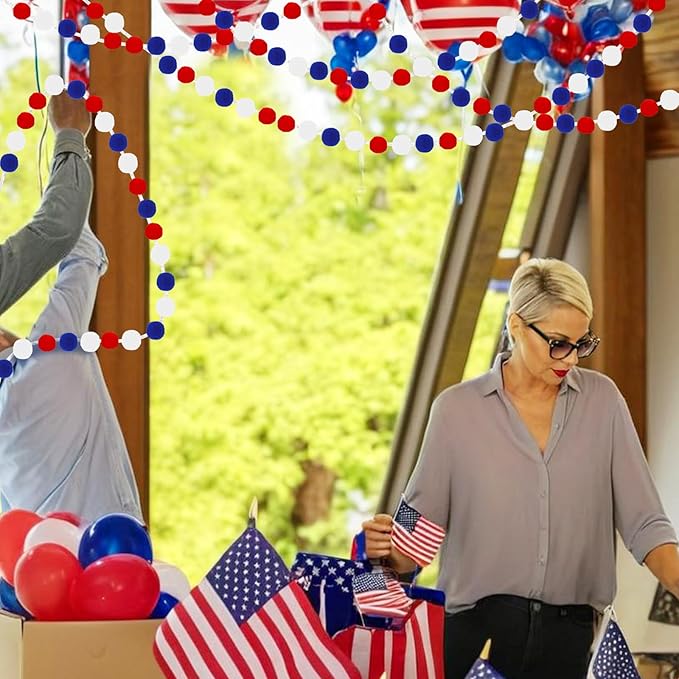 MARFOREVER 4 Pack 26.3 Feet 4th of July Pom Pom Garland Decorations, Red White Blue 30 Balls Independence Day Felt Ball Garland Patriotic Hanging Supplies for Memorial Day Labor Day Party Home Decor