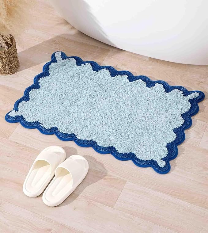ORTIGIA Small Blue Scalloped Bath Mat, Cute Plush Microfiber Scallop Bathroom Rugs Non Slip Washable Quick Dry Absorbent, Bathmat Capet for Shower Stall Vanities Kitchen Floor Entrance, 17x24