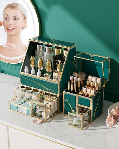 Makeup Organizer Green– Large Vanity Organizer for Skincare, Lipsticks, Perfume & Brushes – Countertop Cosmetic Storage Box for Women, Bathroom or Dresser.