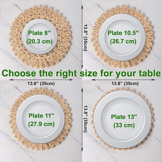 13.8" Round Corn Husk Placemats Set of 4 | Boho Rattan Woven Table Mats | Farmhouse Spring Plate Chargers Like Water Hyacinth, Seagrass for Wedding, Party, Christmas, Events
