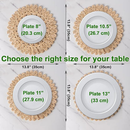 13.8" Set of 12 Round Corn Husk Placemats | Boho Wovean Rattan Table Mats | Farmhouse Wicker Spring Plate Chargers Like Water Hyacinth, Seagrass Table Mats