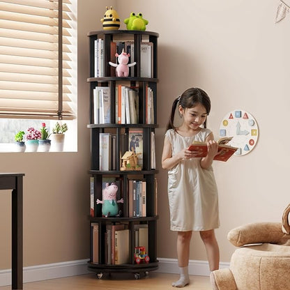 Solid Wood Rotating Bookshelf on Wheels, 5 Tier, Round Revolving Bookcase, 360° Spinning Book Shelf Tower for Kids, Narrow Rolling Bookshelves for Small Space, Corner, Bedroom, Office, Black