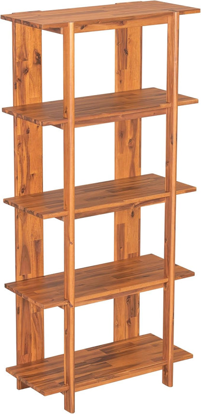 Merax 4 Shelf Narrow Bookcase H-70 L-33 Acacia Wood Open Bookshelf, Contemporary Farmhouse Style Display Storage Shelf for Home Office Studio, Teak Finish