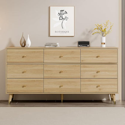 9 Drawer Dresser 63" Wide Mid Century Modern Chest of Drawers, Wood
