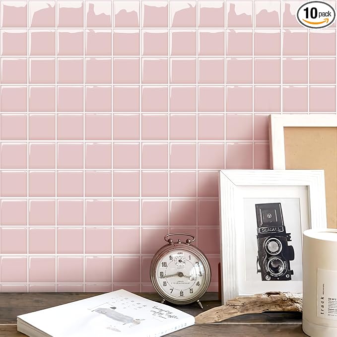 Alwayspon 10 Sheets 10"x10" Pink 3D Vinyl Backsplash Tiles, Self-Adhesive Peel and Stick Wall Tile Stickers Stick on Subway Tiles for Kitchen Bathroom Wall
