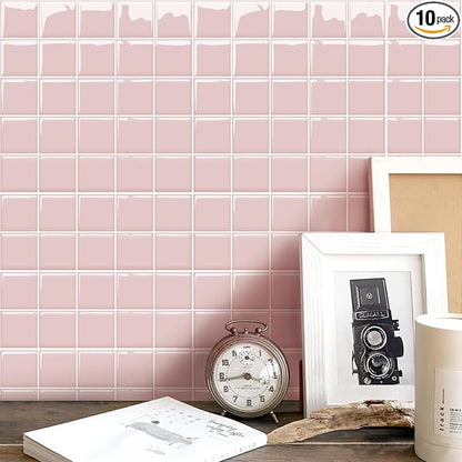 Alwayspon 10 Sheets 10"x10" Pink 3D Vinyl Backsplash Tiles, Self-Adhesive Peel and Stick Wall Tile Stickers Stick on Subway Tiles for Kitchen Bathroom Wall