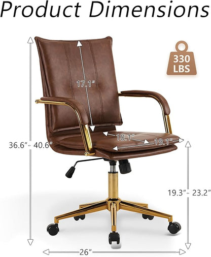 MOJAY Mid-Back Ergonomic Leather Desk Chair, Modern Upholstered Computer Chair, Executive Office Chair with Arms, Swivel Adjustable Rolling Chair with Gold Base (Brown)