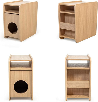 WERMO 12'' Cat Hideaway Side Table - Cat House for Indoor Cats and Enclosed Bed Cave and Hideout for Small Pets with Magazine Holder & Storage Doubling as Narrow End Table, Wood Night Stand (Oak)