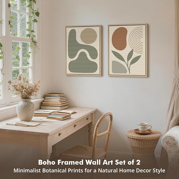 DAJONART Boho Abstract Wall Art Set of 2, Sage Green & Burnt Orange Geometric Prints Duo Framed Canvas for Japandi, Mid Century Modern, Neutral Room Decor,Minimalist Earth-Tone Art,12x16 in