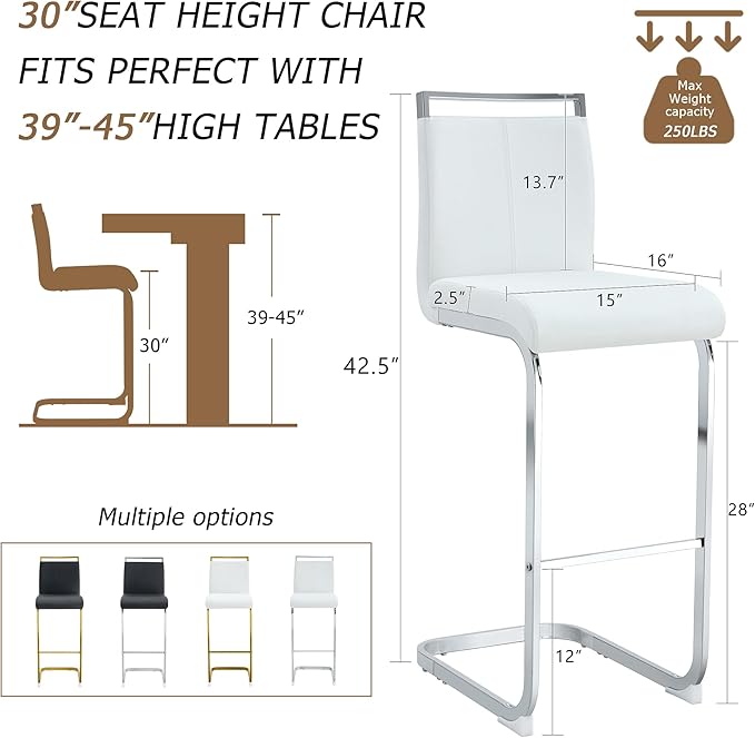 White Bar Stools Set of 2,30" Counter Height Bar Stools with Footrest,White Faux Leather Kitchen Stools with Chrome Plated Metal Leg,Counter Height Stools Ideal for Island Pub Kitchen Counter Dining Chair
