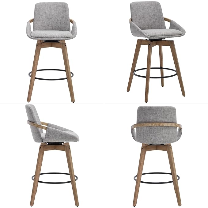 Mid-Century Swivel Bar Stools Set of 6, 26.5 inch Counter Height Barstools Linen Fabric Bar Chairs with Wooden Frame for Kitchen Island Dining Room, Grey