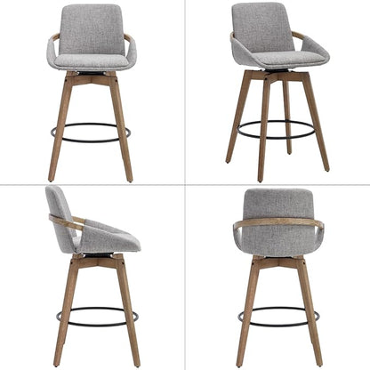 Mid-Century Swivel Bar Stools Set of 6, 26.5 inch Counter Height Barstools Linen Fabric Bar Chairs with Wooden Frame for Kitchen Island Dining Room, Grey