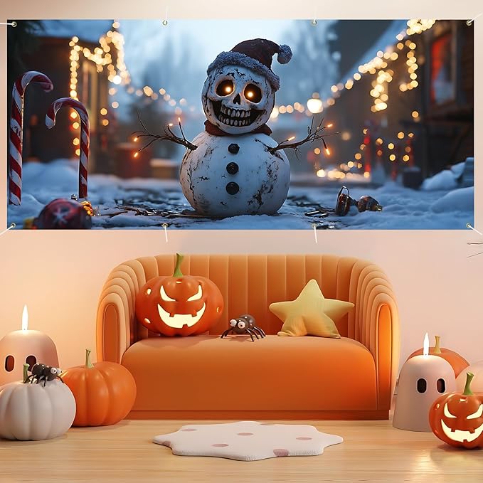 6 x 13 ft Halloween Garage Door Decorations Halloween decorations Witch Door Cover, Hanging Banner, Cauldron Backdrop Mural for Home, Outdoor, Indoor, Spooky Party, Wall, Window (Snowman)