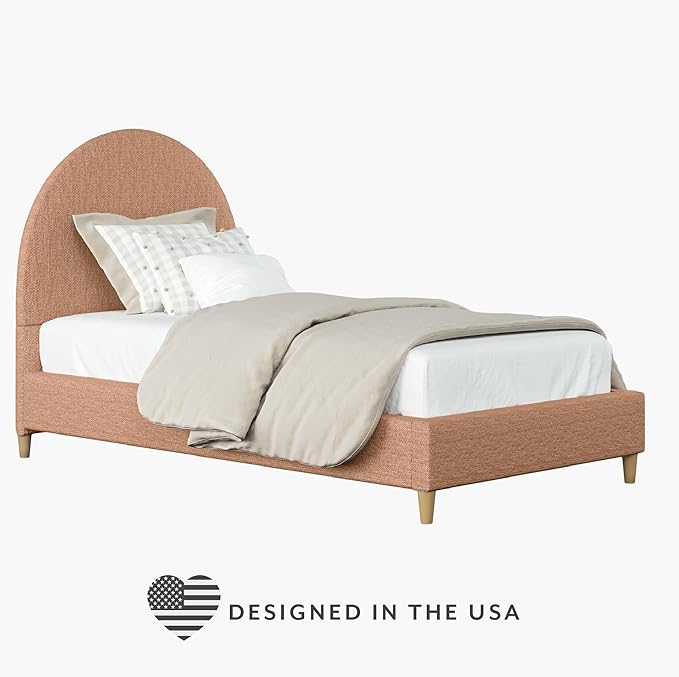 DG Casa Quinn Twin Upholstered Platform Bed Frame, Arch-Shaped Headboard, Solid Natural Wood Legs, Timeless Modern Design, Curved Headboard, Wooden Slat Support System, Blush