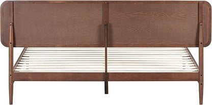 NTC Lupin Wooden Bed Frame with Headboard and Natural Rattan, Solid Oak/Rubber Wood Foundation with Silent Slats, 1000 Lb Capacity, Effortless Assembly (Natural Cane - Dark Walnut, King)