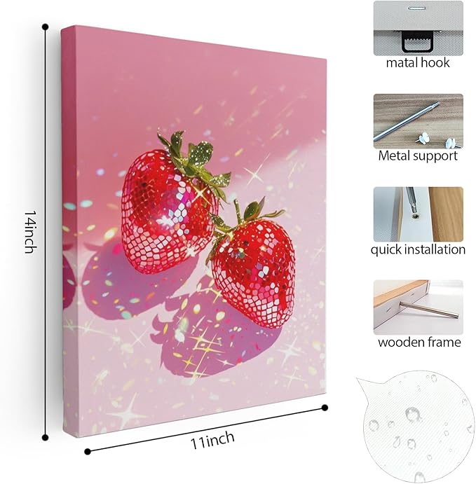 APJYM Funky Y2K Disco Ball Strawberry Wall Art, Trendy Retro 70s Preppy Pink Girly Strawberry Aesthetic Canvas Wall Art for Girls Room Bedroom Dorm Apartment Decor, 11x14 Inches Framed