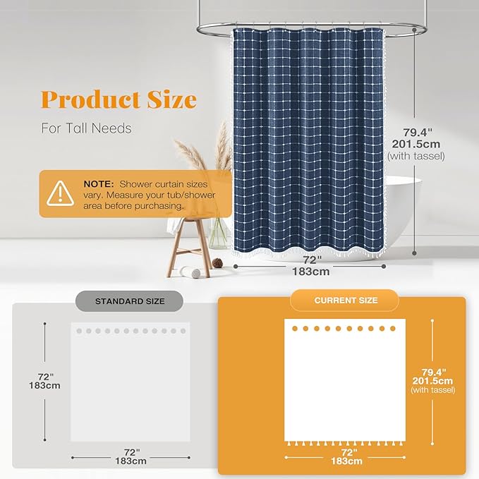 BTTN 78 Inch Long Shower Curtain - Boho Farmhouse Linen Ultra Thick Fabric Shower Curtain Set with Plastic Hooks, Tall Rustic Country Weighted Cloth Shower Curtains for Bathroom - Navy Blue - 72x78