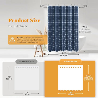 BTTN 78 Inch Long Shower Curtain - Boho Farmhouse Linen Ultra Thick Fabric Shower Curtain Set with Plastic Hooks, Tall Rustic Country Weighted Cloth Shower Curtains for Bathroom - Navy Blue - 72x78