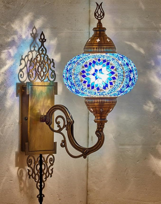 Turkish Moroccan Mosaic Plug in Wall Sconce Lamp with 5.2-Foot Cord, Handmade Tiffany Style Glass Globe with Colorful Hand Cut Glass Mosaics and Glass Beads, Decorated Brass Base, 15x5, Blue