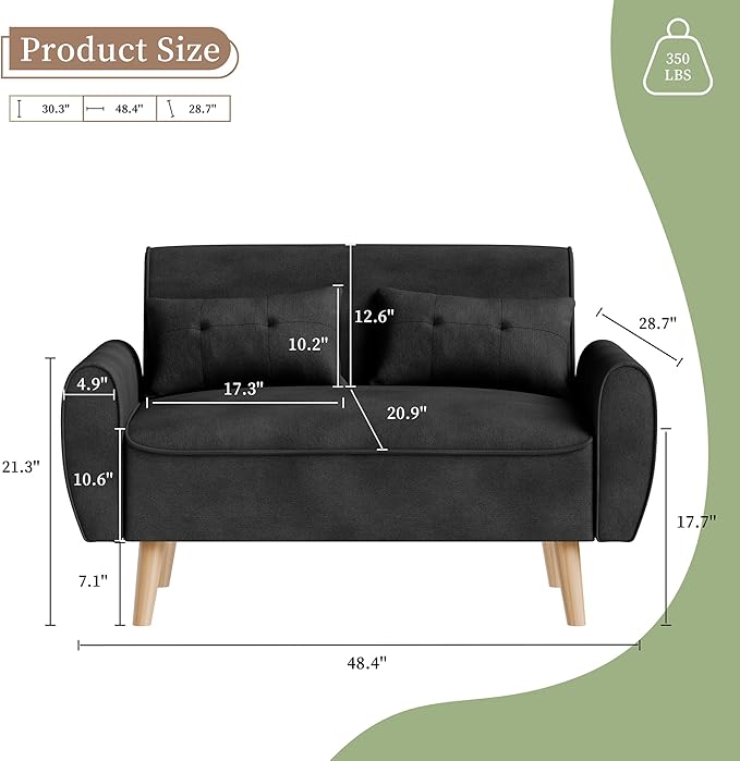 Vongrasig Small Modern Loveseat Sofa 47" Mid Century Linen 2 Seat Couch Tufted LoveSeat, Black